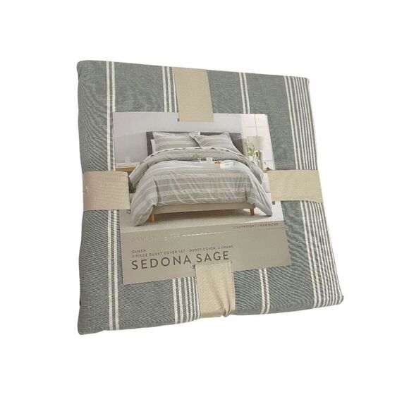 Linen Blend Queen Duvet Green White Striped Lightweight Minimalist Modern NEW